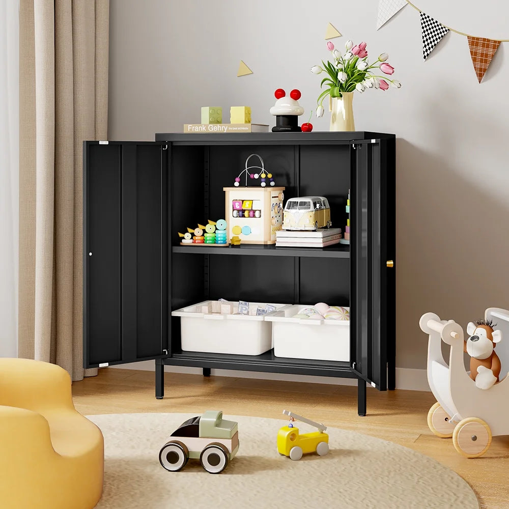 Small 2 Transparent Door Metal Storage Side Buffet Cabinet for Bed Room,Living Room,Entryway,Hallway,Home,Hotel,Office,Garage,Kitchen,1 Removable Shelf.