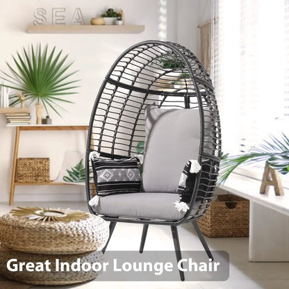 Indoor Outdoor Swing Egg Chair with Stand, Patio Foldable Grey Wicker Rattan Hanging Chair with Cushion, Light Gray