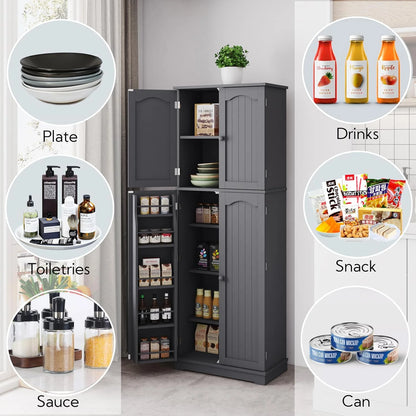 Yusong 64'' Kitchen Storage Cabinet, Tall Kitchen Pantry Storage Cabinet with Doors and Shelves, Food Pantry Cabinet Free Standing Pantry for Kitchen Dining Living Room, Grey