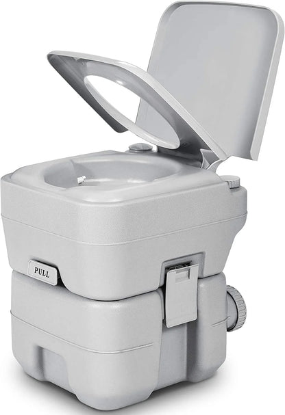 Dextrus 5.3 Gallon Portable Toilet With Detachable Tank, Double Outlet Water Spout, Press Flush Pump, Travel RV Potty for Camping, Boating, Hiking, Trips, White&Gray