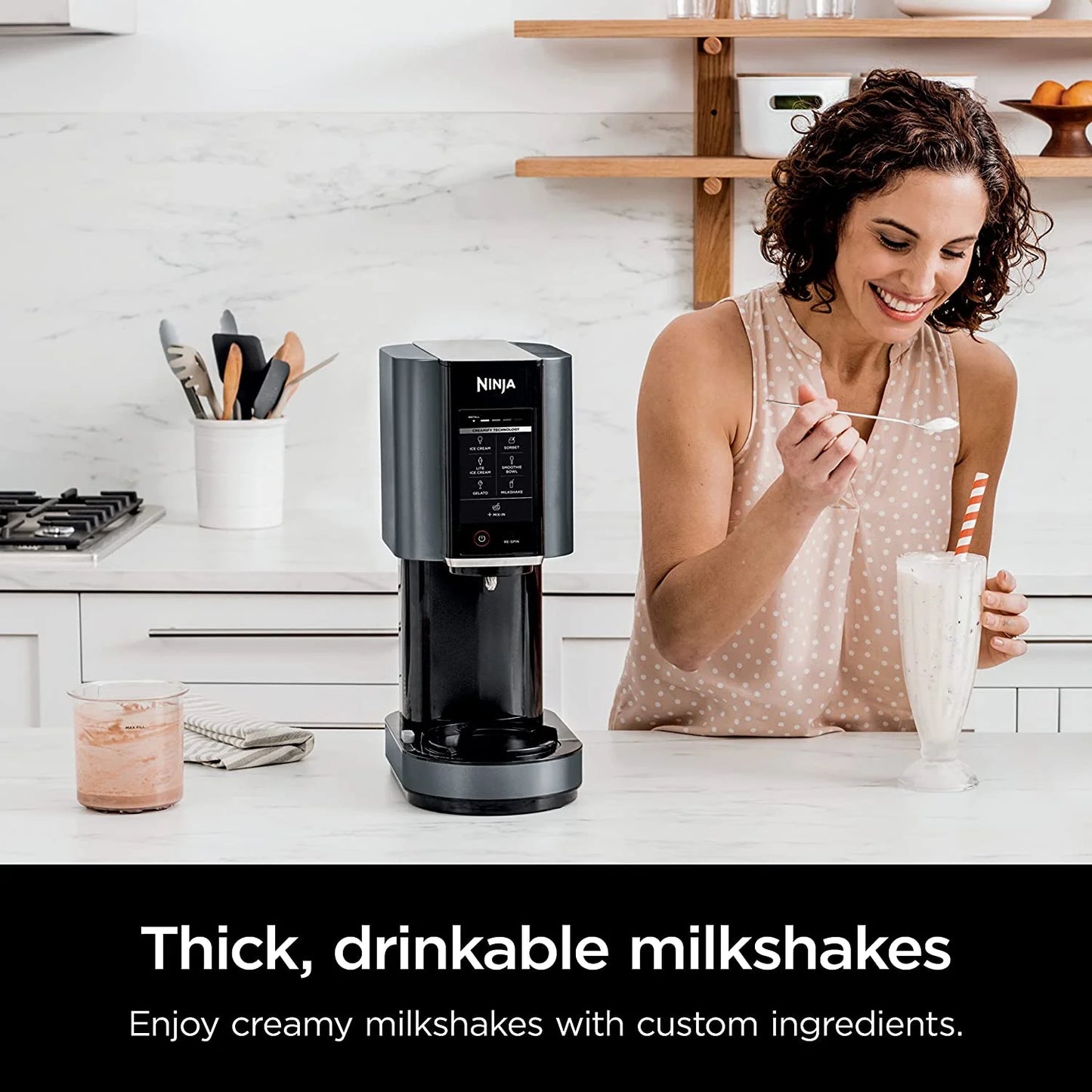 Ninja CREAMi, Ice Cream Maker, Ice Cream, Gelato, Sorbet,Milkshakes, Mix-ins, Smoothie Bowls & More, 7-in-1, Ice Cream Pints, Pint lid, Healthy Ice Cream, Compact, Perfect for Kids, Black, NC299AMZ