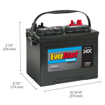 EverStart Lead Acid Marine & RV Deep Cycle Battery, Group Size 24DC 12 Volt, 690 MCA*