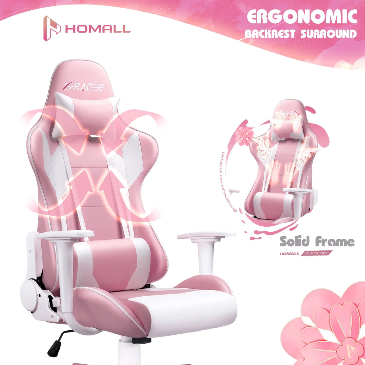 Homall Gaming Chair office Chair with Headrest & Lumbar Support, Pink