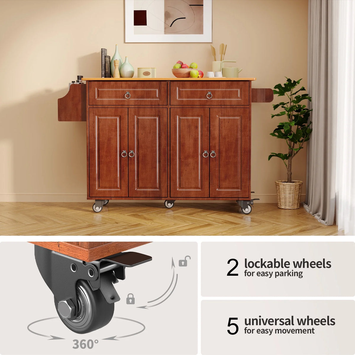 Lofka 52-Inch Kitchen Island with Storage on Wheels with Wood Drop Leaf, Ideal for Small Kitchens