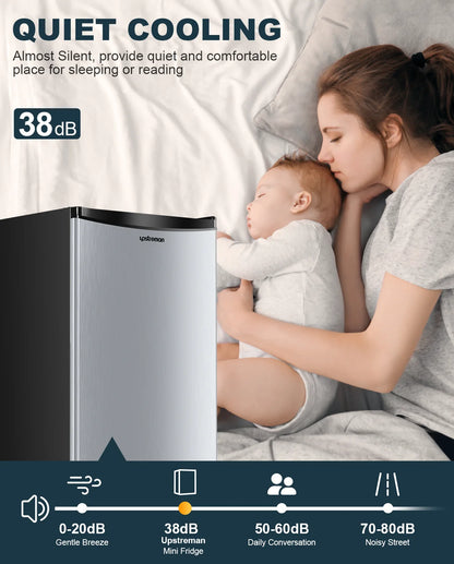 Upstreman 3.2 Cu.Ft. Mini Fridge with Freezer Single Door Small Refrigerator Adjustable Thermostat Compact Fridge with Reversible Door, Low Noise, BR321 Black