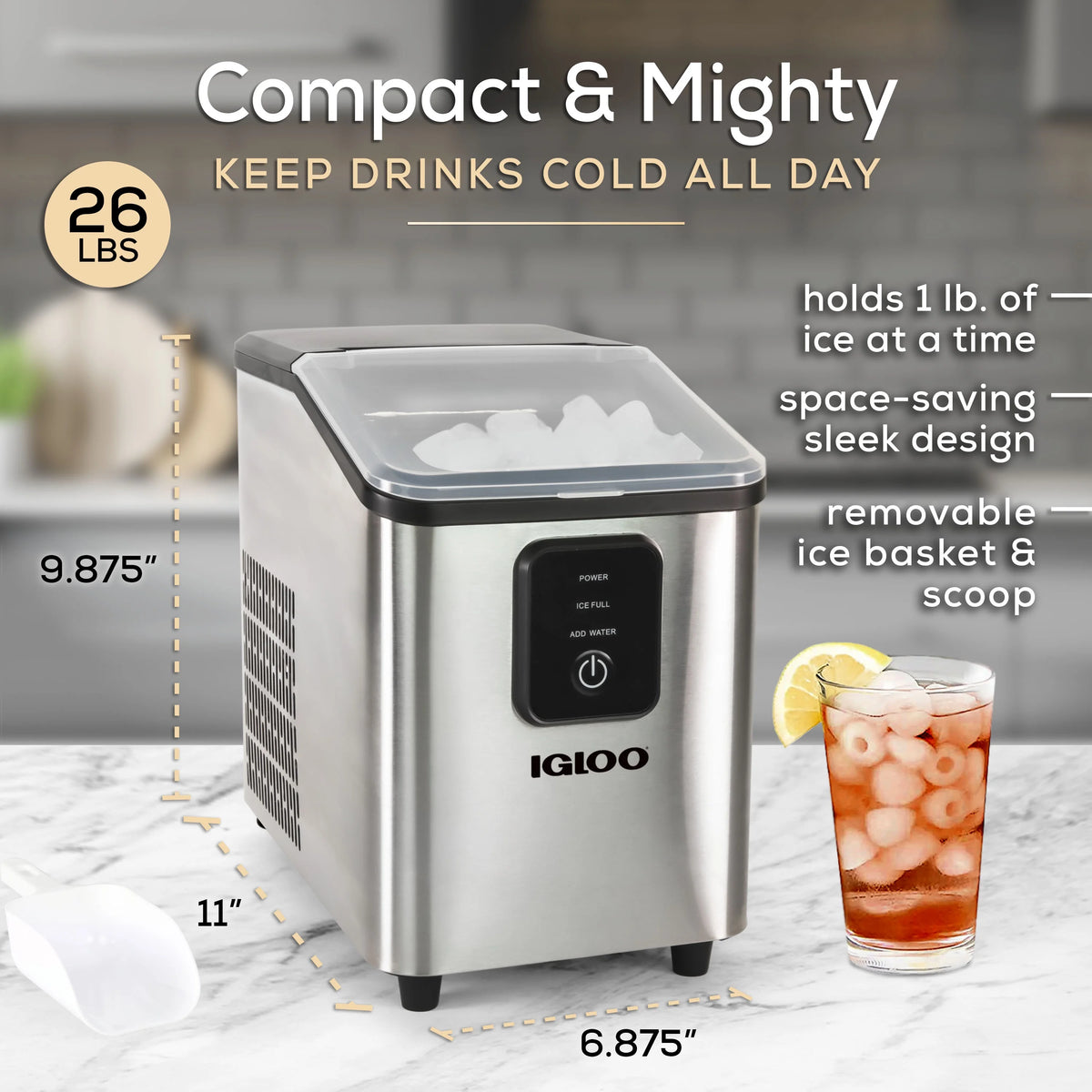 Igloo Self-Cleaning Countertop Ice Maker - Compact and Portable - Creates 26 lbs. Per Day, 8 Pieces Ready Every 7-8 Minutes - Includes Ice Scoop and Basket - Aqua