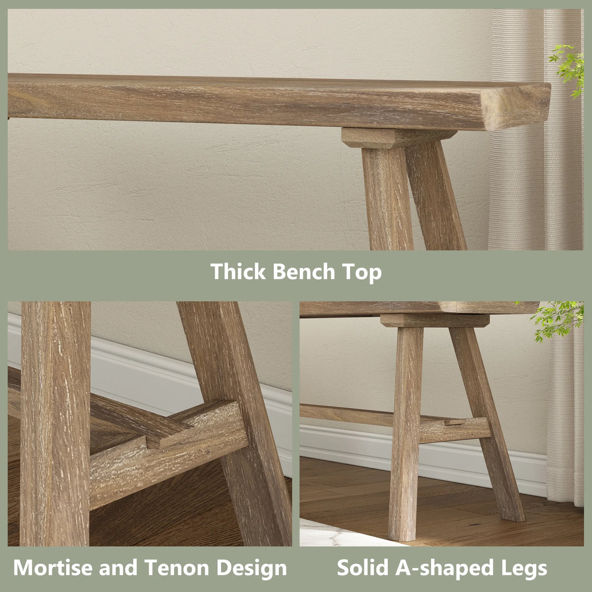 39" Solid Wood Bench, Rustic Farmhouse Wood Dining Room & Entryway Bench Seat for Indoors and Outdoors