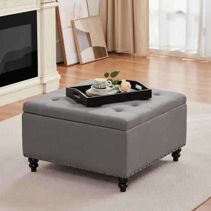 HUIMO Large Square Storage Ottoman Bench, 30-inch Wide Storage Bench Coffee Table with Tufted Oversized, for Living Room (Beige)