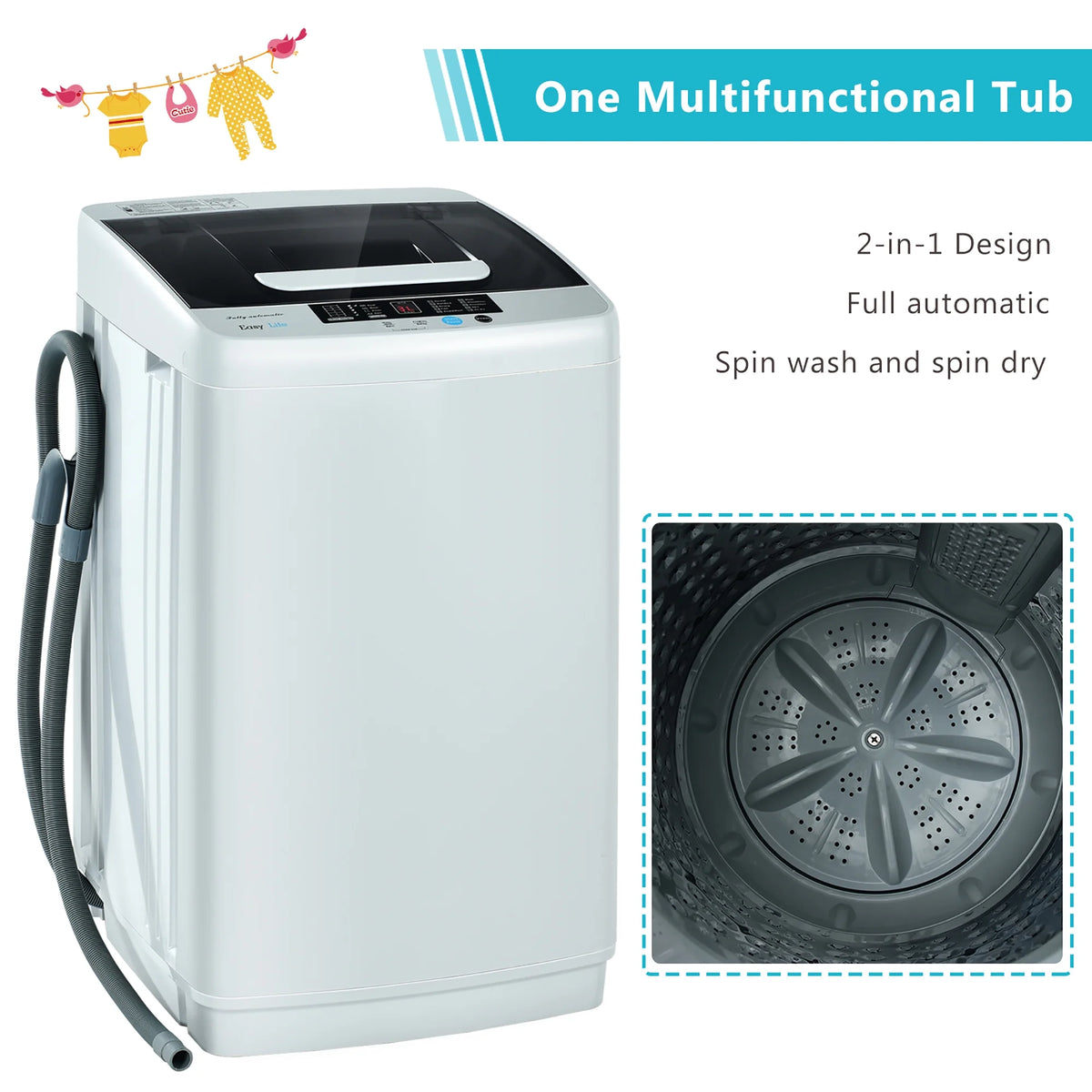 Costway Portable Full-Automatic Laundry Washing Machine 8.8lbs Spin Washer W/ Drain Pump