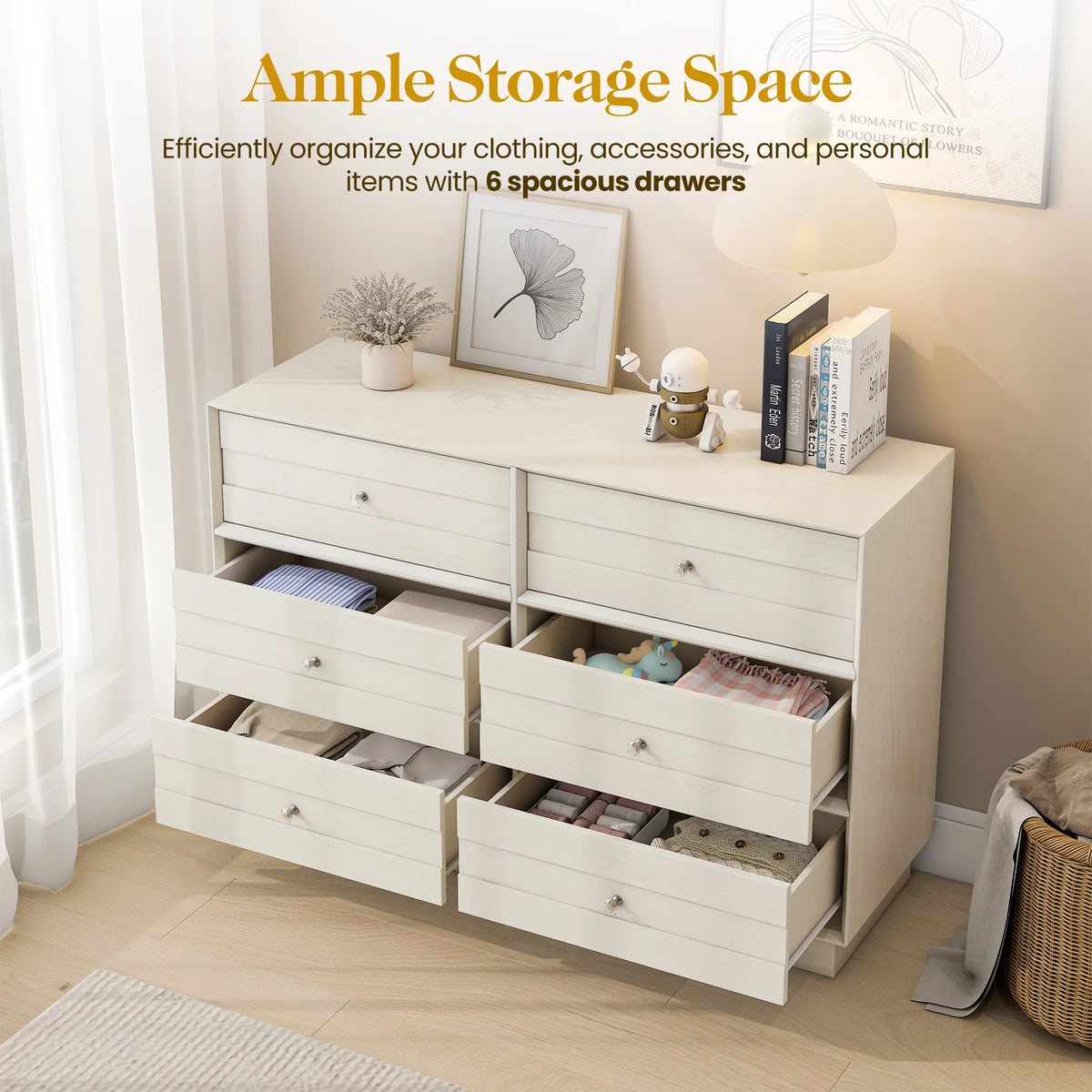 May Color Large White 3 Drawer Dresser Set of 2 with Fluted Panel, Modern Chest of Drawers with Silent Slide Drawers, Wood Accent Nightstand with Storage for Bedroom Living Room, Hallway