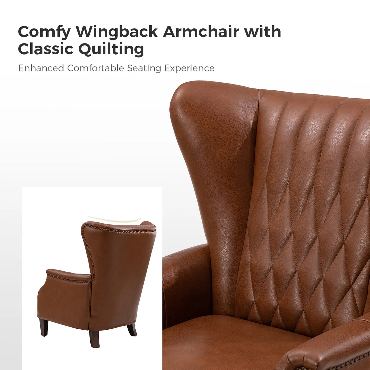Traditional Genuine Leather Accent Chair with Nailhead Trim Tufted Armchair for Living Room Camel
