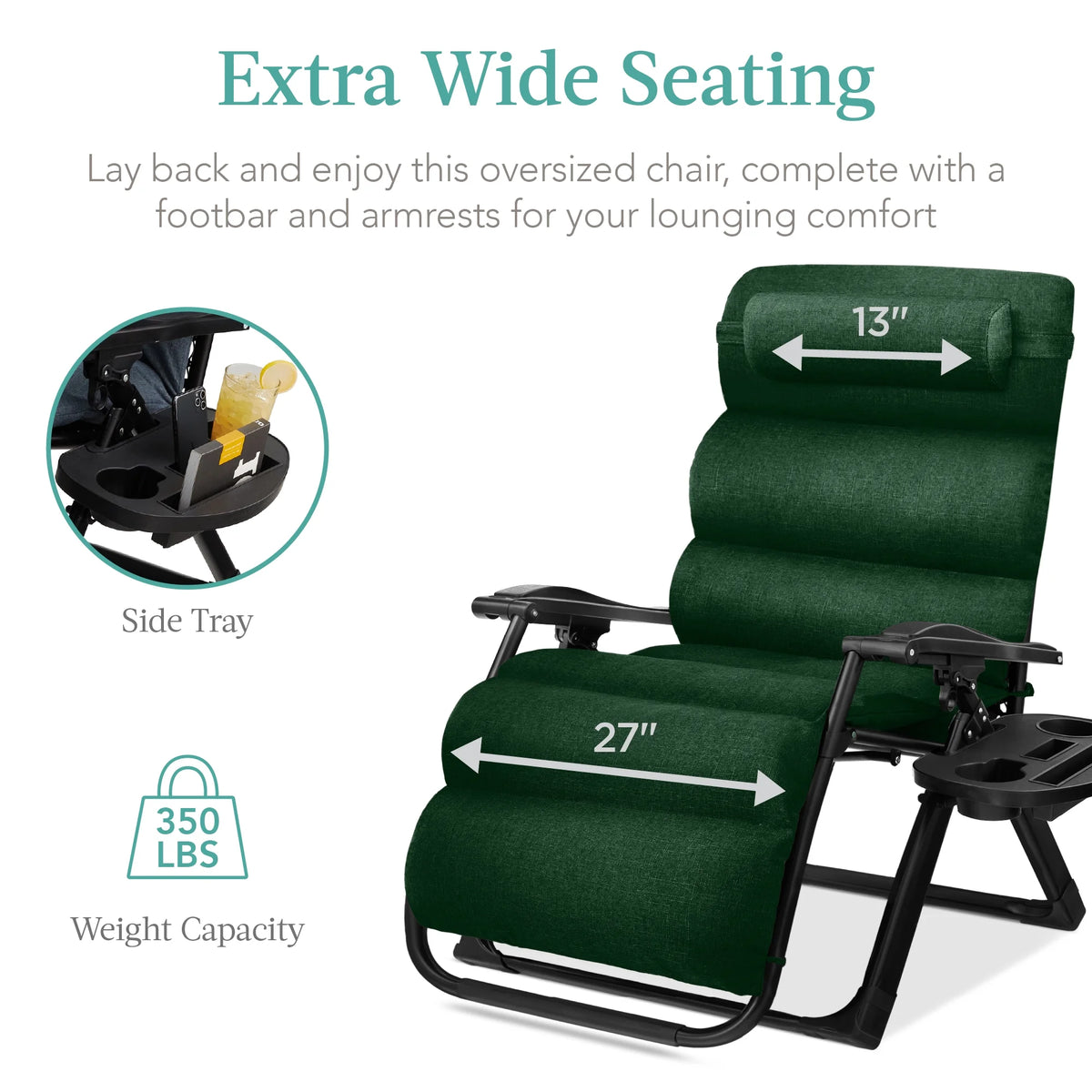 Best Choice Products Oversized Zero Gravity Chair, Folding Recliner w/ Removable Cushion, Side Tray - Fossil Gray