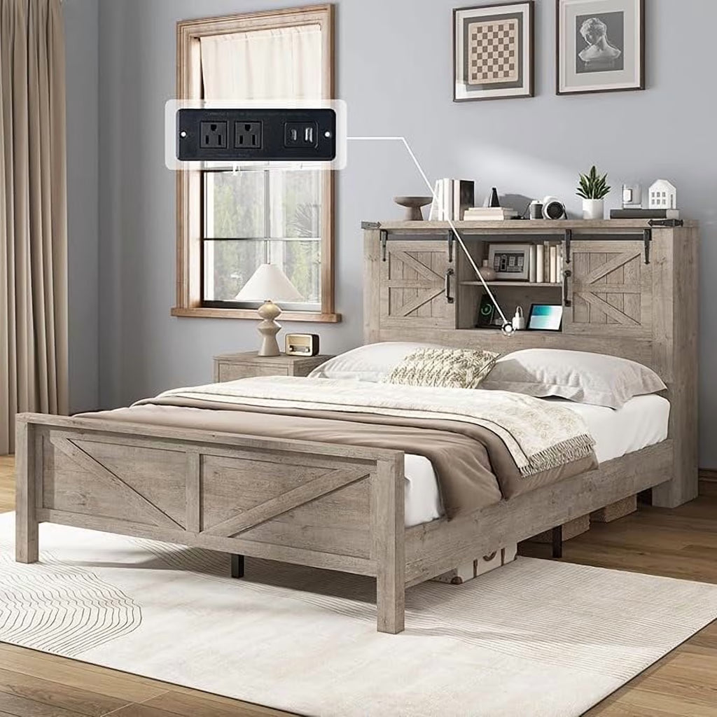 Merluxy Farmhouse Full Bed Frame with Storage Bookcase & Charging Station, Bedroom Furniture, Grey