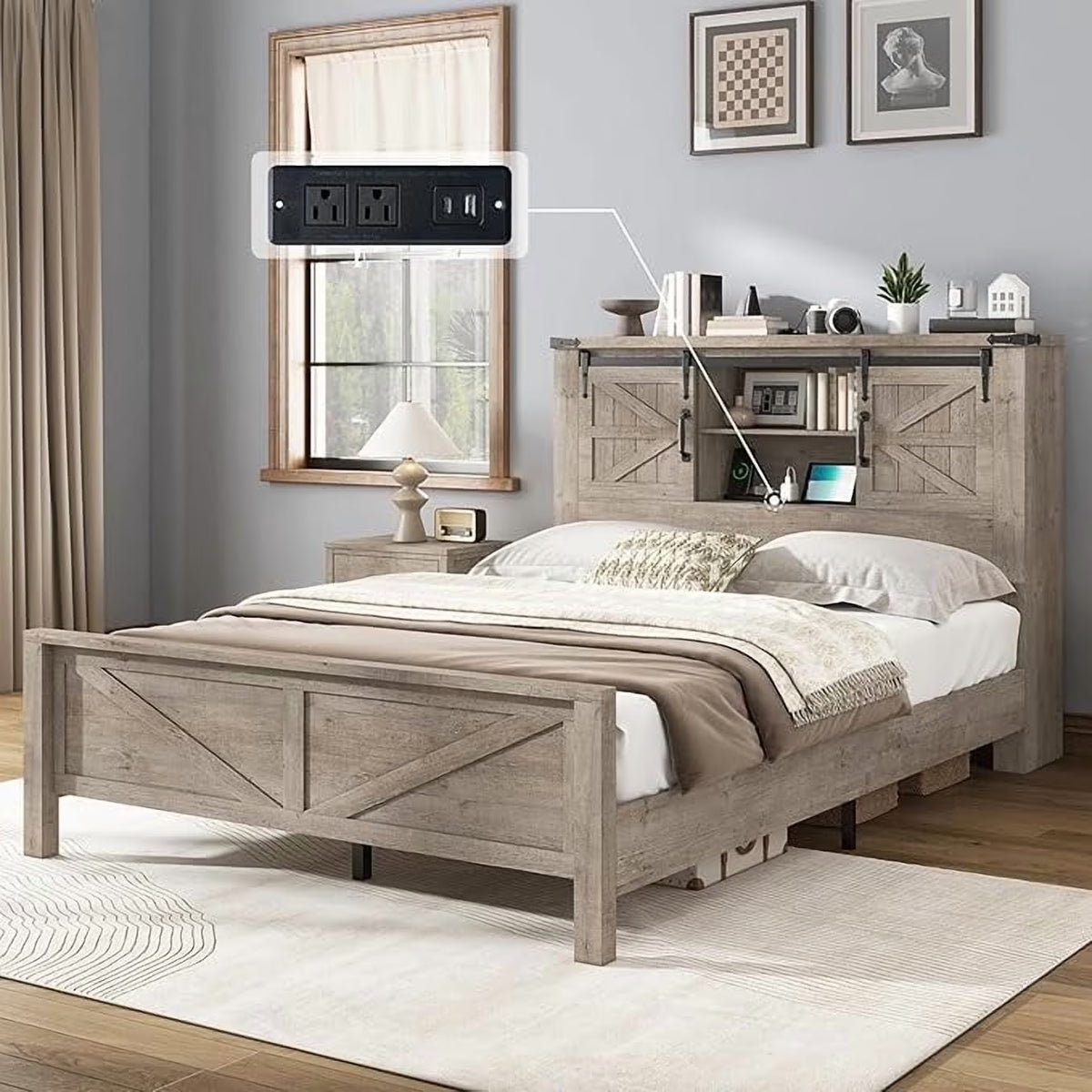 Merluxy Farmhouse Full Bed Frame with Storage Bookcase & Charging Station, Bedroom Furniture, Grey
