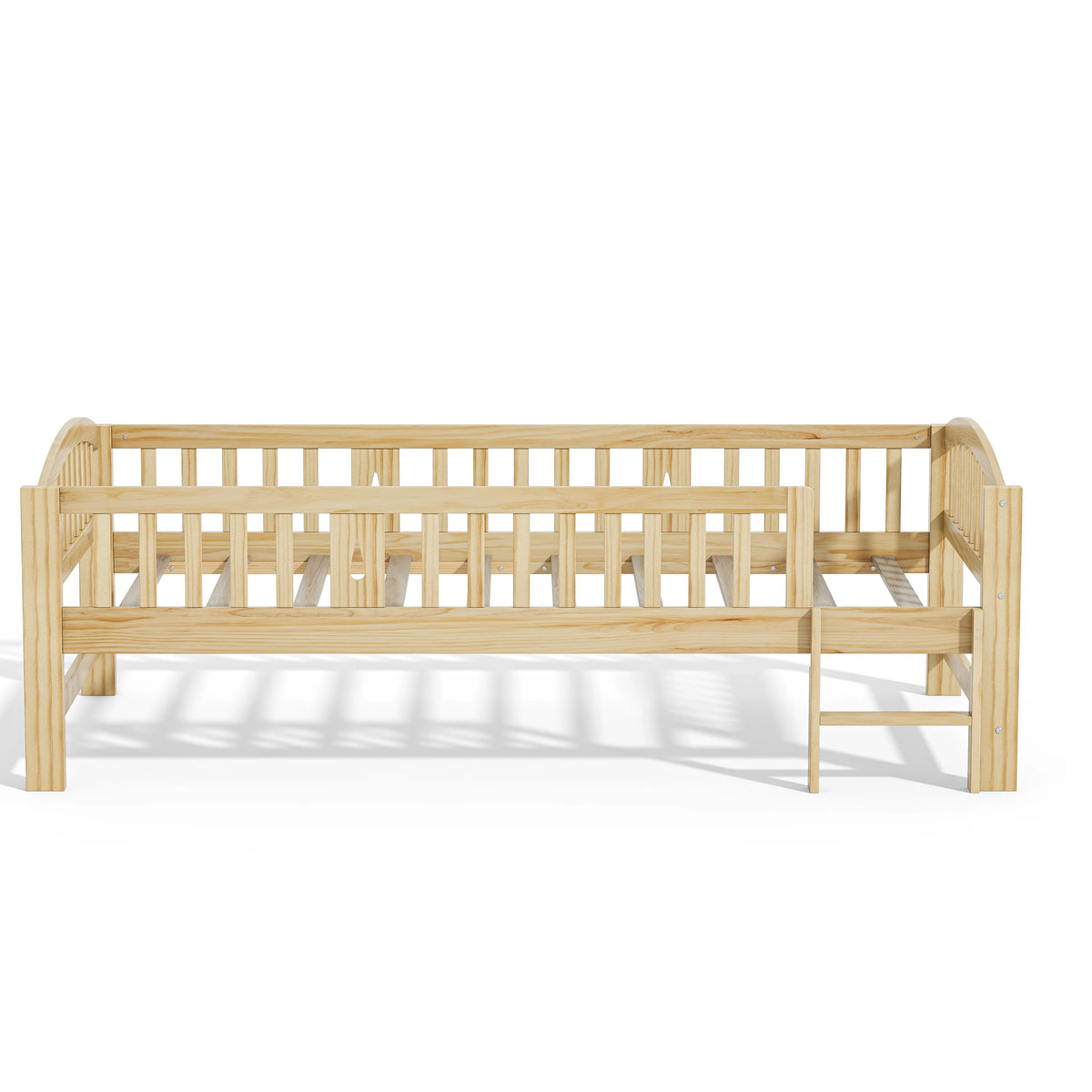 SESSLIFE Twin Size Platform Bed, Solid Wood Twin Bed Frame with Slats, Fence Guardrail Ladder, Twin Floor Bed with Strong Legs for Boys Girls, No Box Spring Needed, Holds 400 lbs, White