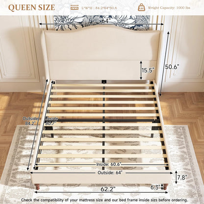 Neche Queen Upholstered Bed Frame with 51" Tall Headboard Classic Curved Wingback Platform Bed with Soft Fabric, Retro Simple Sleigh Bedframe No Box Spring Needed/Easy Assembly, White