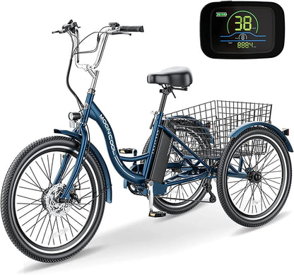 Mooncool 24" 26" 3 Wheel Electric Tricycle for Adults, 350W 36V 7 Speeds Motorized Electric Trike Three Wheel Electric Bikes Bicycle with Large Basket for Women Men