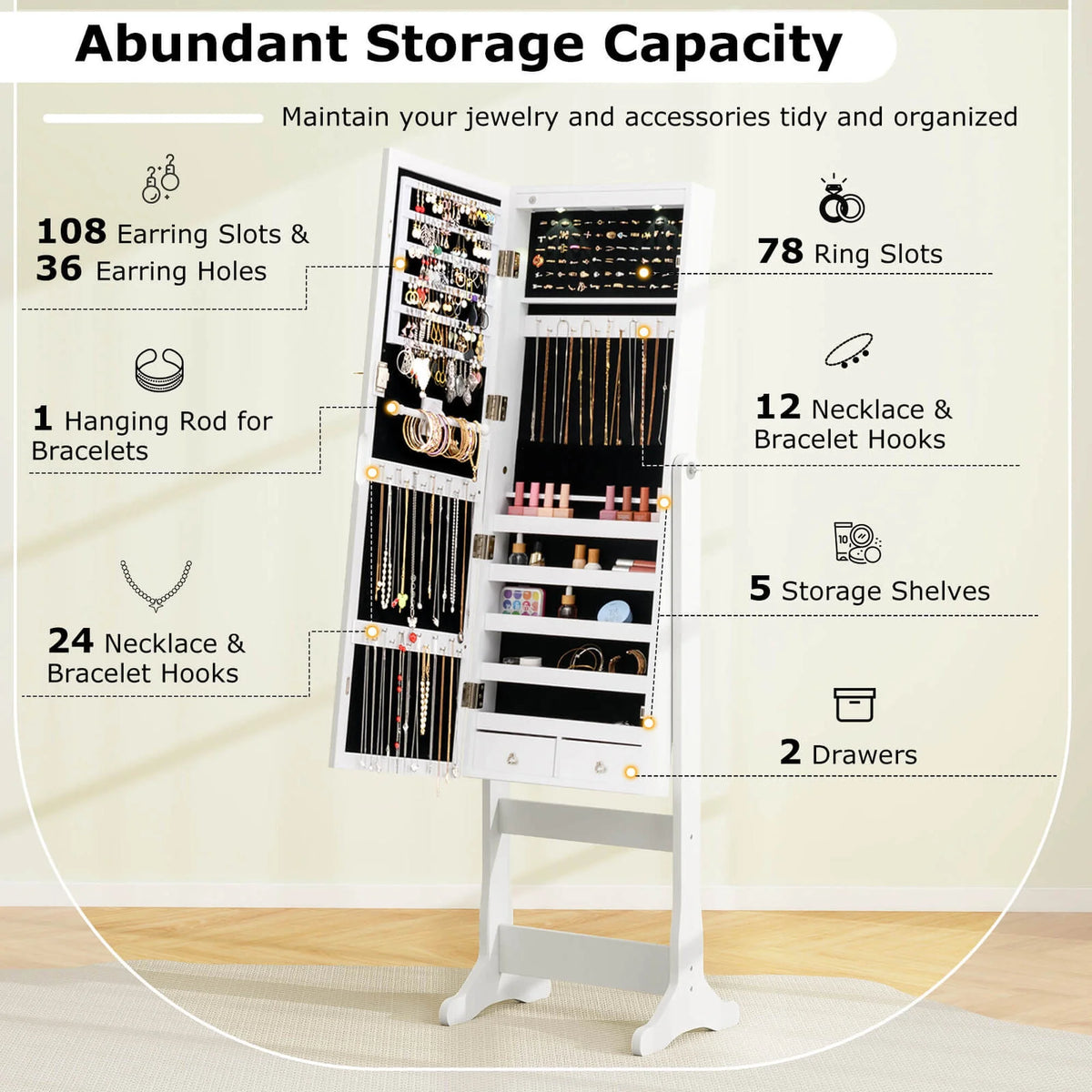 Costway Contemporary MDF Jewelry Cabinet with LED Lights in Brown