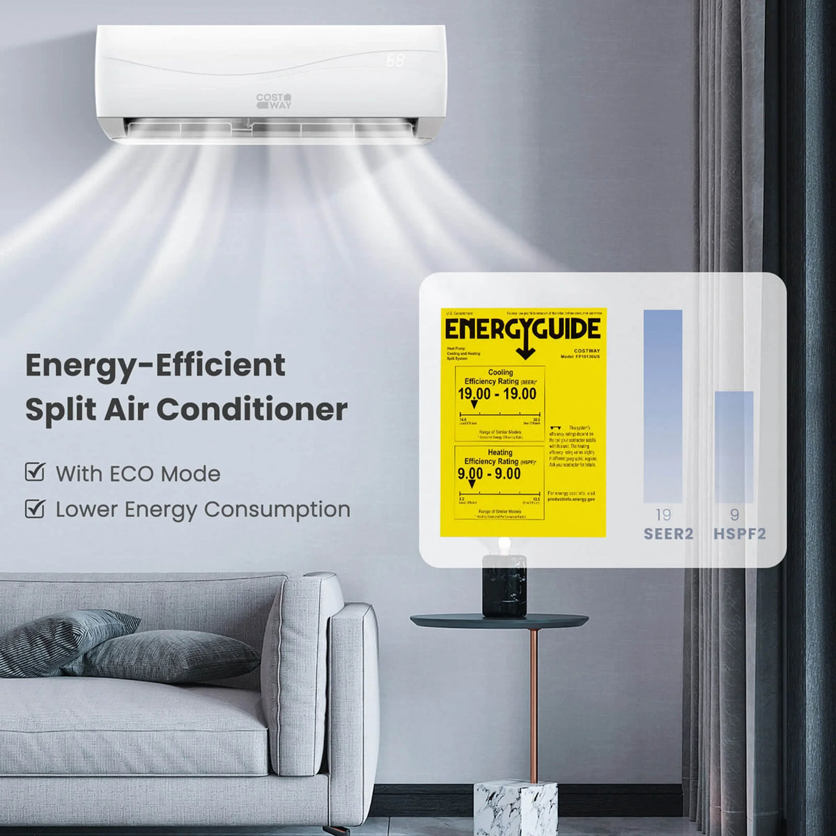 Costway 18000 BTU Mini Split Air Conditioner & Heater 19 SEER2 1250 Sq. Ft Coverage