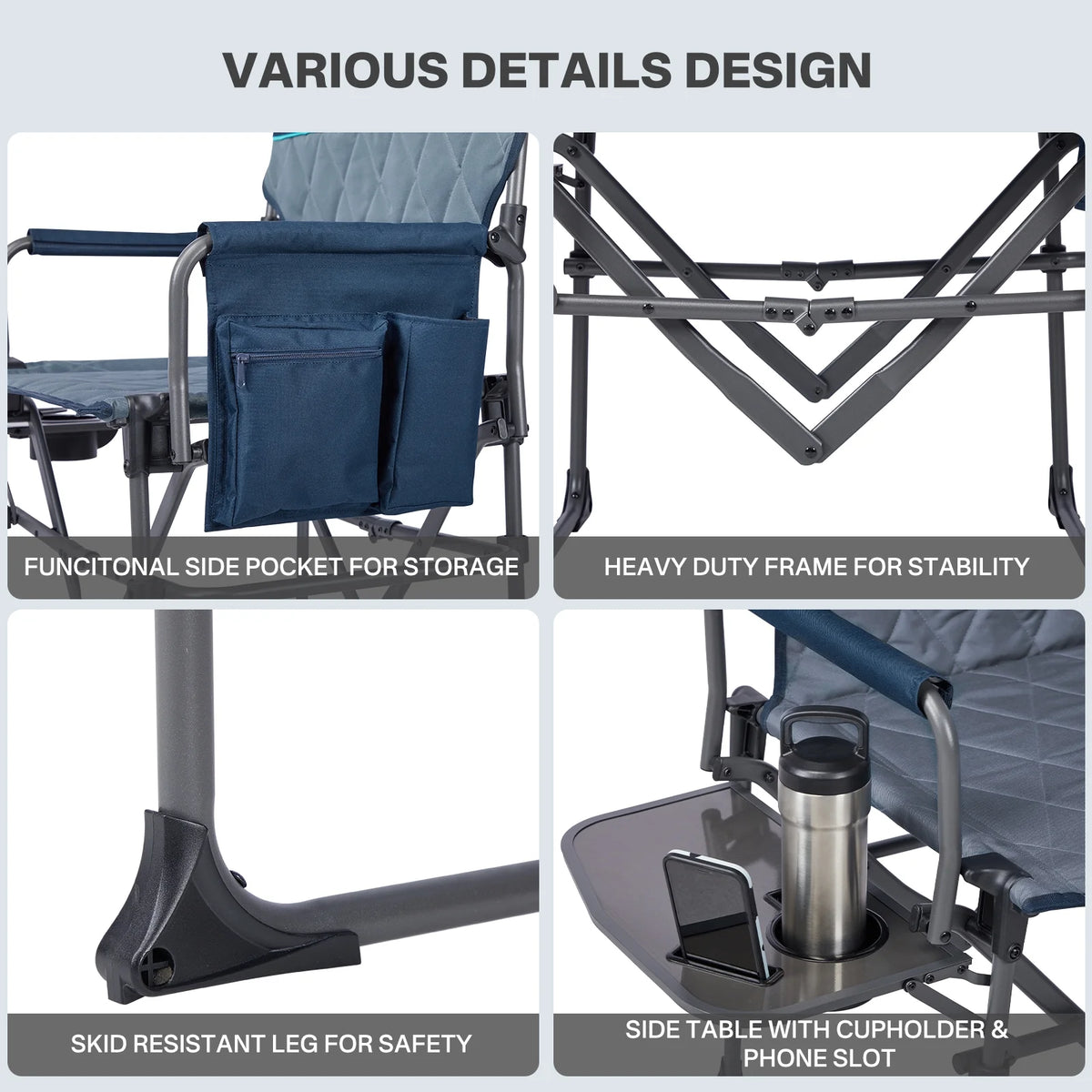 TIMBER RIDGE Portable Director Chair, Heavy Duty Camping Folding Chair with Compact Size with Side Pocket and Side Table, Support 400 lbs, Grey