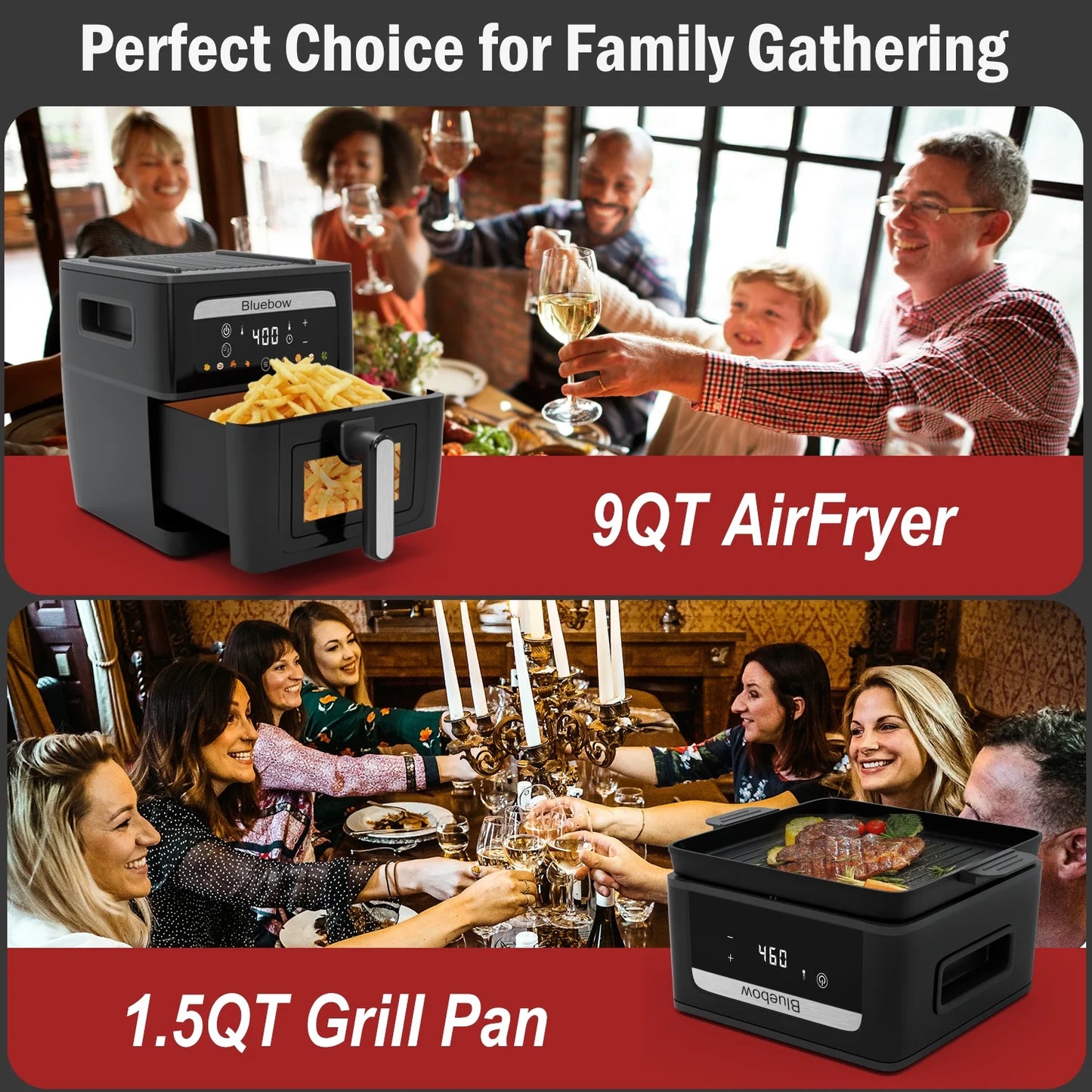 Bluebow 9QT  Air Fryer & Grill Pan Combo, Large Capacity, 8 Preset Functions, Non Toxic, Non-Stick, View Window, Black
