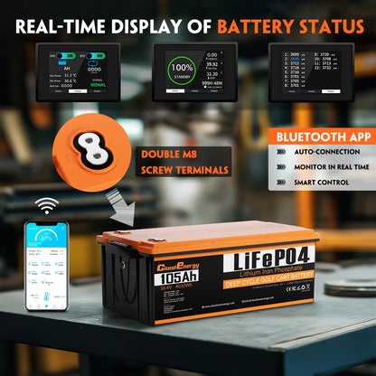 36V(38.4V) 105Ah LiFePO4 Golf Cart Battery Built-in 250A Bluetooth BMS,with 20A Charger,Touch Monitor,6000+ Cycles,Perfect for Golf Carts,Trolling Motor
