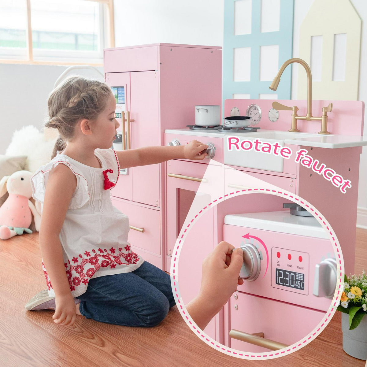 Teamson Kids Little Chef Charlotte Wooden Play Kitchen Set for Toddlers. Pretend Cooking Playset with Stove. Sink &amp; Fridge. Pink/Gold