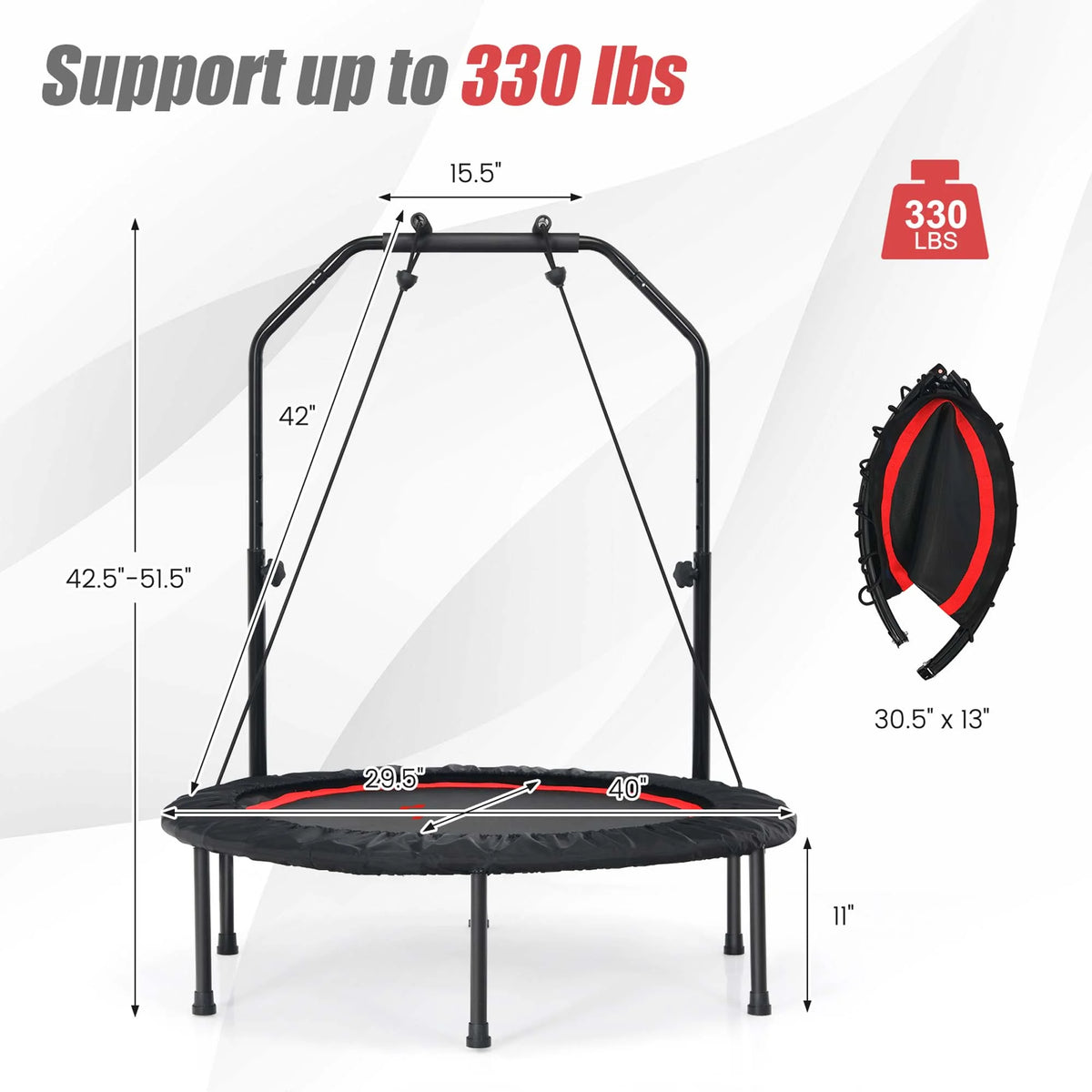 Costway 40'' Foldable Trampoline Fitness Rebounder with Resistance Bands Adjustable Home Green