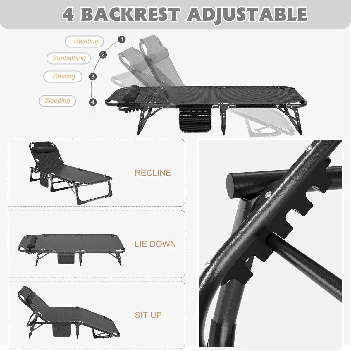 MOPHOTO Lounge Chair with Mattress, Outdoor Chaise Lounge Support 440 Lbs, Adjustable Portable Heavy Duty Sleeping Cots Bed for Camping, Pool, Beach, Patio