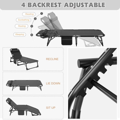 MOPHOTO Lounge Chair with Mattress, Outdoor Chaise Lounge Support 440 Lbs, Adjustable Portable Heavy Duty Sleeping Cots Bed for Camping, Pool, Beach, Patio