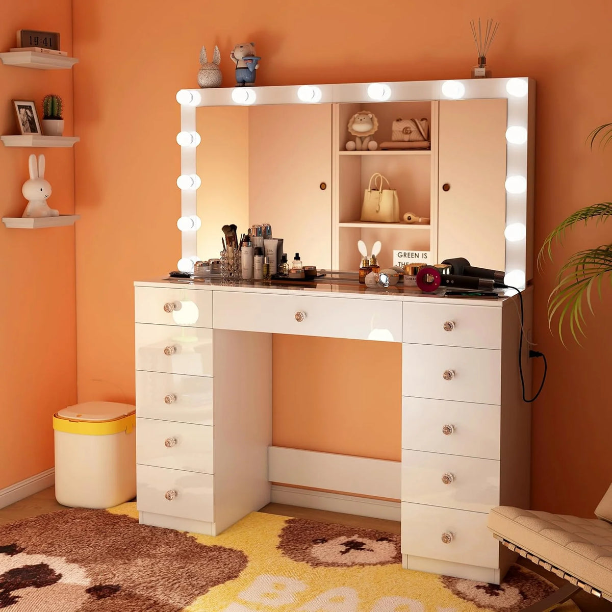 Vanity Desk with Power Outlet, Makeup Vanity with Mirror and 14 LED Light, 3 Lighting Modes,11 Drawer Vanity Table with Sliding Jewelry Storage, Glass Top, Specular Surface