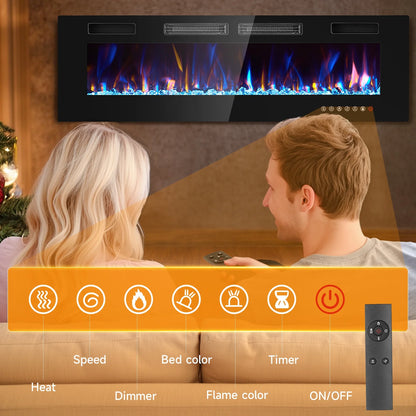 Dovov 50" Wall Mounted Electric Fireplace, Recessed Mirrored Fireplace Heater 750/1500W Ultra Thin Linear Fireplace with Remote Control, Touch Screen, Timer, 2 Heat Fans, Multicolor Flame