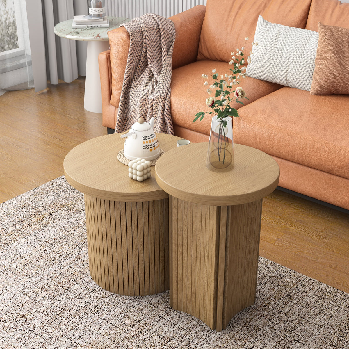 Nesting Coffee Table Set of 2, Wooden Round Coffee Table, Modern Circle Side Table, Accent End Side Table for Living Room, Office, Balcony