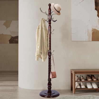 Coat Rack Freestanding, Hall Tree with 11 Hooks, Heavy Duty Wooden Coat Tree Stand, Adjustable Height, Sturdy Base for Bedroom Hallway Office - Load 270lbs