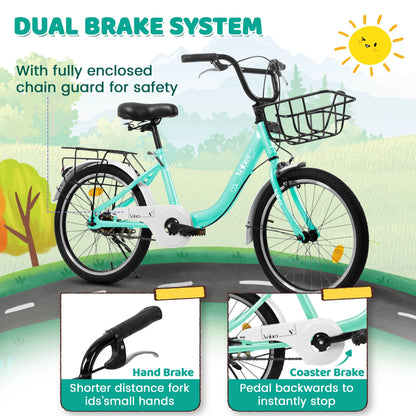20 Inch Kids Bike for Boys Girls, 1 Speed Children Bicycle with Basket, Rear Seat, Chain Guard, Coaster Brake and V-Brake, Steel Frame Kids Bike for Ages 6-12 Years Old Birthday Gift, Purple