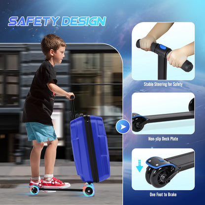 Advwin Ride-On Scooter Suitcase with LED Light-up Wheels, Hardshell Lightweight Foldable Rideable Luggage for Kids & Adults, Silver