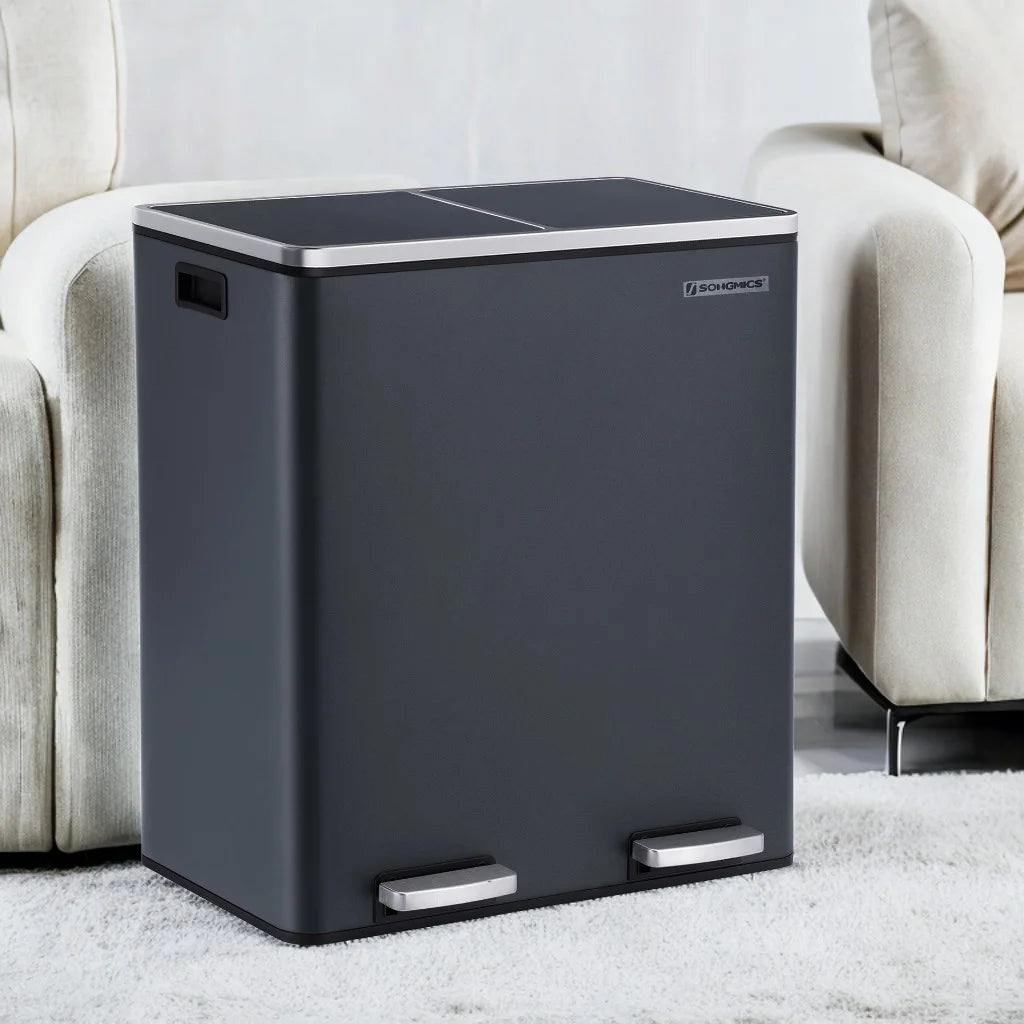 16 Gallon Dual Trash Can, Rubbish Bin and 15 Trash Bags, Metal, Almond Color