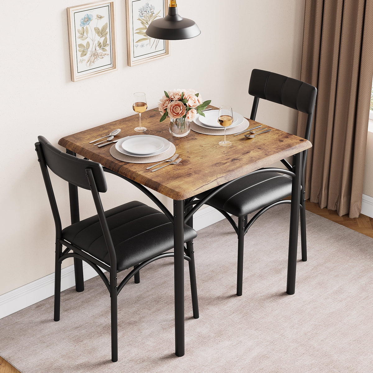 3 Piece Dining Table Set, Modern Industrial Table and Chairs Set for Home Kitchen, Kitchen Table Set for Small Space, Apartment, Rustic Gray