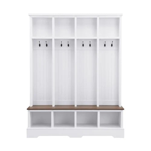 Farmhouse Hall Tree with Bench, 59" Wide Entryway Organizer with 8 Hooks & Storage Compartments, Modern Coat Rack & Shoe Bench for Mudroom,White