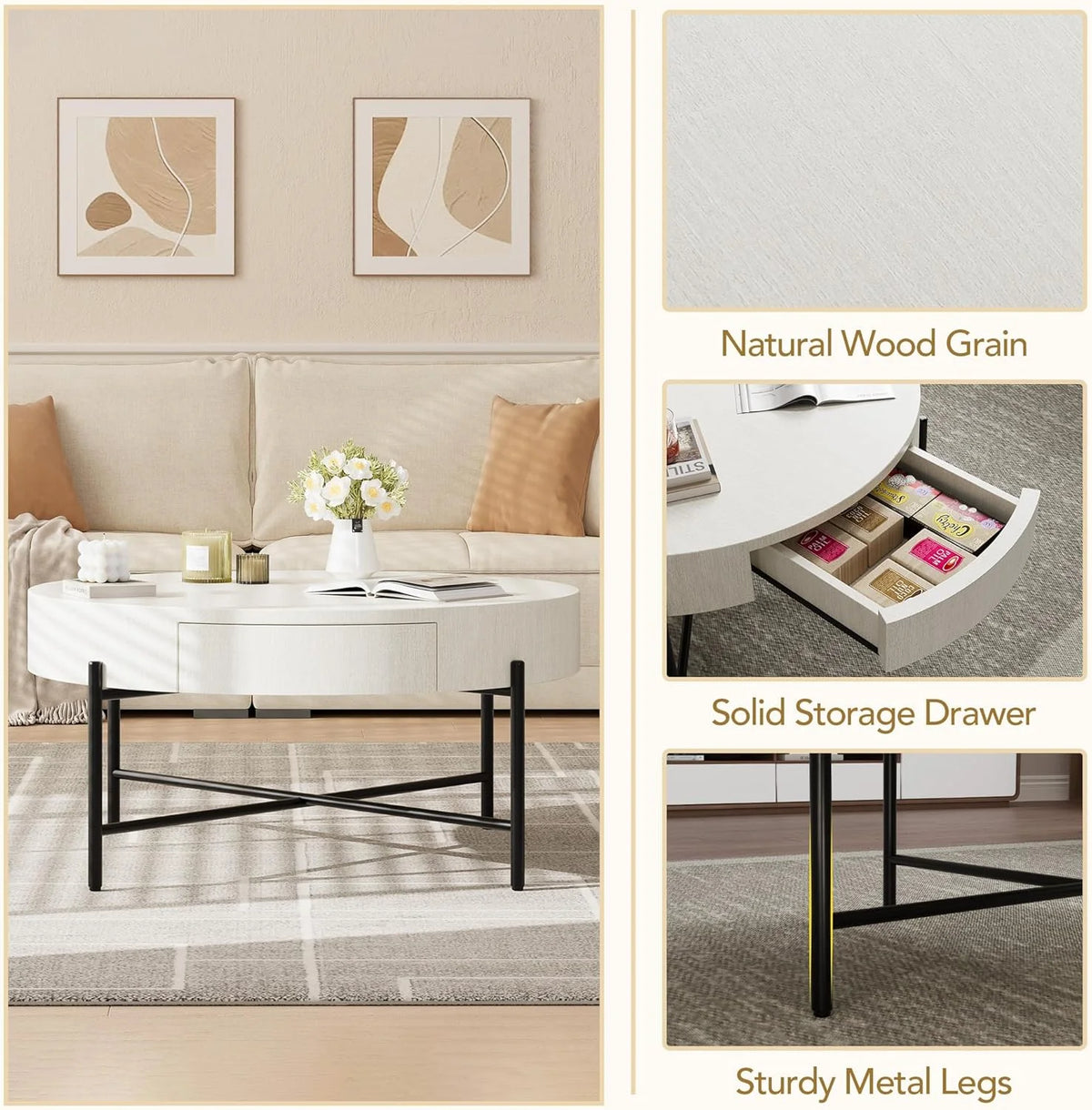 Round Coffee Table with Drawers Circle Living Room Table Wood Accent Coffee Table with Storage White Center Table (Natural)