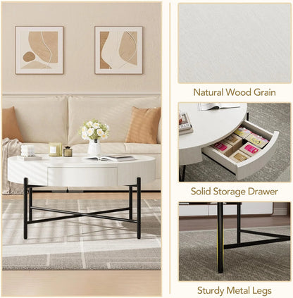 Round Coffee Table with Drawers Circle Living Room Table Wood Accent Coffee Table with Storage White Center Table (Natural)