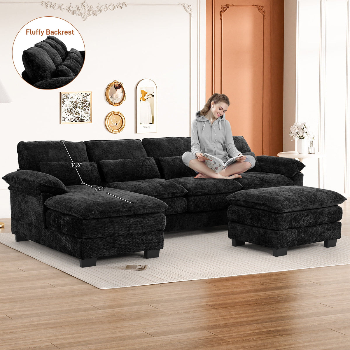 Rophefx 114.3" U Shaped Sectional Couches for Living Room,Cloud Couch,4 Seats Chenille Couch with Double Layer Cushion,Orange