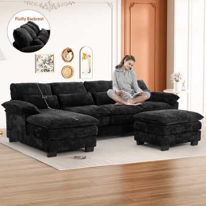 Rophefx 114.3" U Shaped Sectional Couches for Living Room,Cloud Couch,4 Seats Chenille Couch with Double Layer Cushion,Orange
