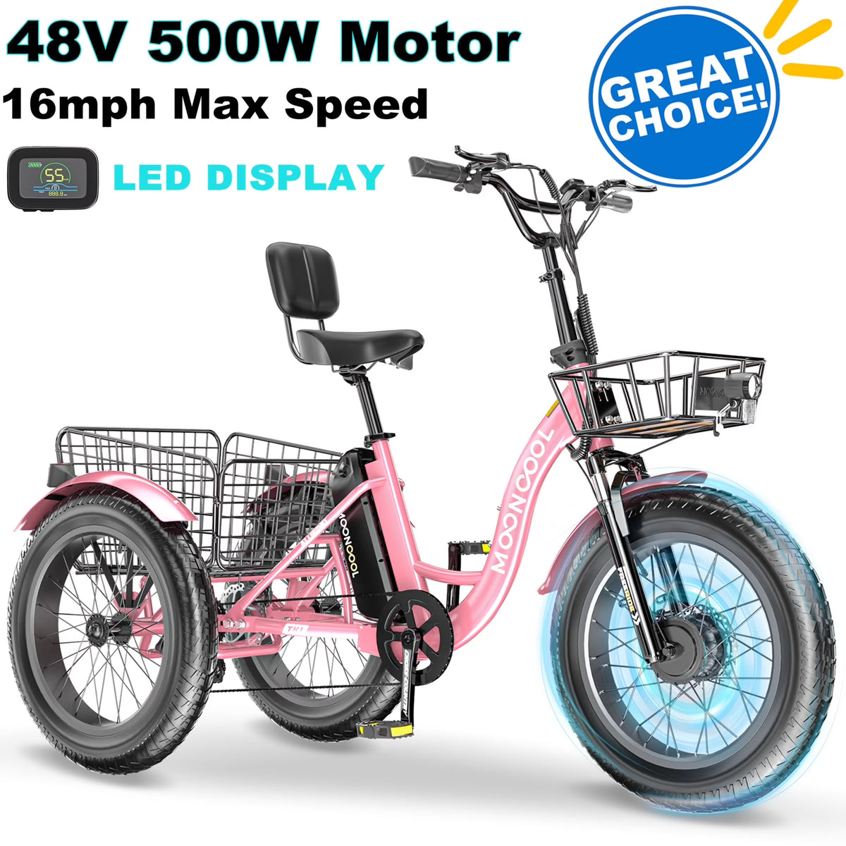 20" x 4" Fat Tire Electric Tricycle for Adult, 7 Speeds Electric Trike 48V 500W Motorized Tricycle , Electric Three Wheels Bicycle for Senior, Aluminum Frame & Rear Basket ,16mph