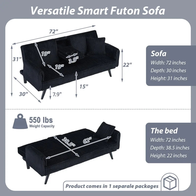 FFH Modern Corduroy Futon Sofa Bed with Adjustable Backrest,Convertible Loveseat Sleeper,Soft Couch with Drop-Down Table and Cup Holder for Living room,Pink