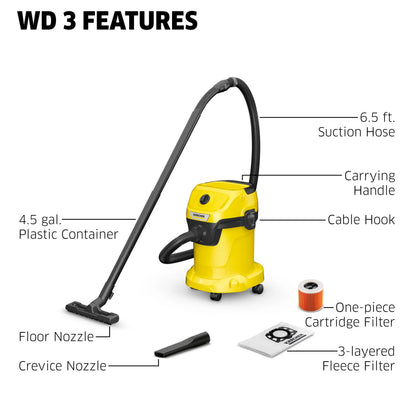 Karcher Shop Vacuum, WD3, Wet and Dry Vac, Multi-Purpose - 4.5 Gallon