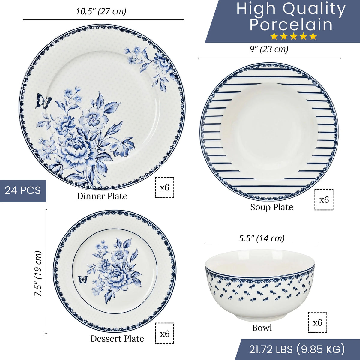 STP GOODS Melodie de Fleurs Bone China Dinnerware Set of 24 Service for 6 24-Piece Dish Set of Plates and Bowls, Blue Gold White