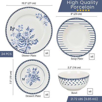STP GOODS Melodie de Fleurs Bone China Dinnerware Set of 24 Service for 6 24-Piece Dish Set of Plates and Bowls, Blue Gold White