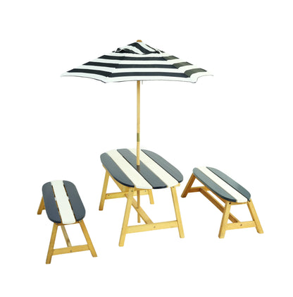 Kids Picnic Table with Umbrella - Dark Blue, Indoor/Outdoor Wooden Table and Bench Set for 4 Children, Play Table for Toddlers, Garden Furniture