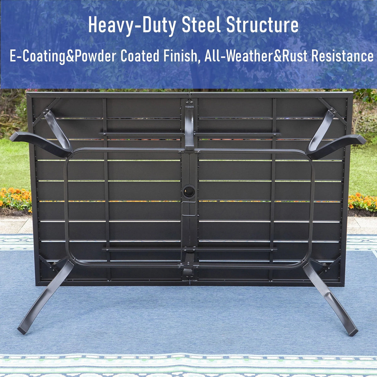 MF Studio 60" x 38" Rectangle Outdoor Dining Table with Umbrella Hole, Suitable for 6-Person, Black